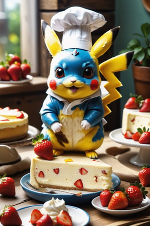 pikachu, perfect-composition, Perfect pictorial composition, Creative poster, Cute, (mouse dressed as a chief), (mouse as chef), (Decorating a Really Delicious Cheesecake), (Cream cheese cake with strawberries), (messy table), (There are pieces of cheese scattered around.), (Best Quality:1.2), (Ultra-detailed), (Photorealistic:1.37), (HDR), (Vivid colors), (portrait of a), (Warm and bright color tones), (Soft diffuse lighting),food ,niji style