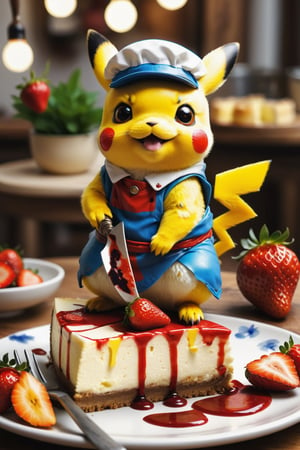 pikachu, perfect-composition, Perfect pictorial composition, Creative poster, Cute, (mouse dressed as a chief), (Bloody Knife in hand), (mouse as chef), (Decorating a Really Delicious Cheesecake), (Cream cheese cake with strawberries), (messy table), (There are pieces of cheese scattered around.), (Best Quality:1.2), (Ultra-detailed), (Photorealistic:1.37), (HDR), (Vivid colors), (portrait of a), (Warm and bright color tones), (Soft diffuse lighting),food ,niji style