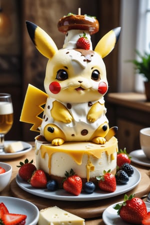 pikachu, perfect-composition, Perfect pictorial composition, Creative poster, Cute, (mouse dressed as a chief), (Pieces of cheese in hand),  (mouse as chef), (Decorating a Really Delicious Cheesecake), (Cream cheese cake with strawberries), (messy table), (There are pieces of cheese scattered around.), (Best Quality:1.2), (Ultra-detailed), (Photorealistic:1.37), (HDR), (Vivid colors), (portrait of a), (Warm and bright color tones), (Soft diffuse lighting),food ,niji style