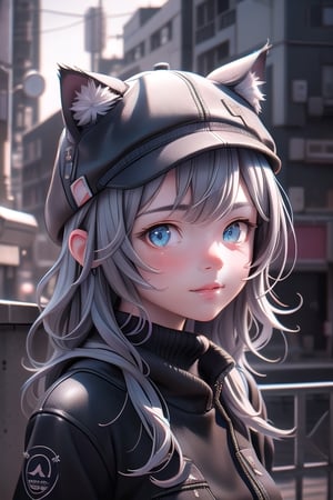 portrait of cute cat in the noir city, black cat hat with cat ears, detailed illustration portrait, incredible details, disney stylized cute, dark cyberpunk illustration, (Best Quality:1.2), (Ultra-detailed), (Photorealistic:1.37), (HDR), (Vivid colors), (portrait of a), (Soft diffuse lighting),niji style