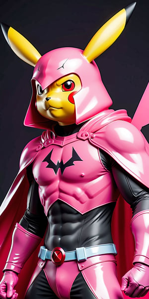 Pikachu,man, (((pink latex armor, hat, cloak))), all armors and clothes are pink latex