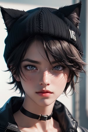 portrait of cute detecive in the noir city anthropomorphic, black cat hat with cat ears, epic portrait illustration, photorealistic close - up portrait, detailed illustration portrait, incredible details, disney stylized cute, dark cyberpunk illustration,best quality