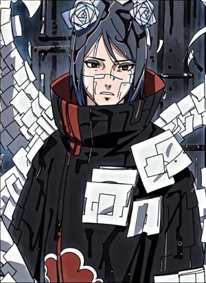 ((masterpiece)), ((best quality)),konan \(naruto\)1girl, labret piercing, paper, rain, solo,  (paper jutsu), paper, ((akatsuki outfit)), extremely detailed,intricate details,,dark sky, dark city,dynamic pose, close up,full body,paper wings,