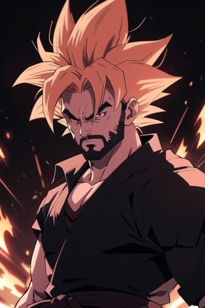 adult male , HD ultra details , Goku black from Dragon ball Super , Super Sayan 4 , pink hair, red eyes, facial hair , great beard , black martial Gi , black background ,portrait,harley quinn,illustration