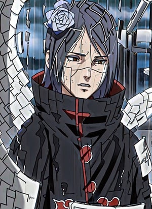 ((masterpiece)), ((best quality)),konan \(naruto\)1girl, labret piercing, paper, rain, solo,  (paper jutsu), paper, ((akatsuki outfit)), extremely detailed,intricate details,,dark sky, dark city,dynamic pose, close up,full body,paper wings,