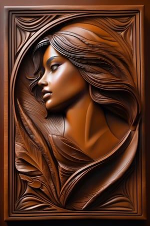 Masterpiece leather Art, pale brown leather color, highest quality, monochrome,leather portrait,deatailed carving girl face,Light master,light,aesthetic portrait,flat leather background,leather art, ((leather carving)), relief, ((embossed face structure)),NYFlowerGirl,lis4,Beautiful
