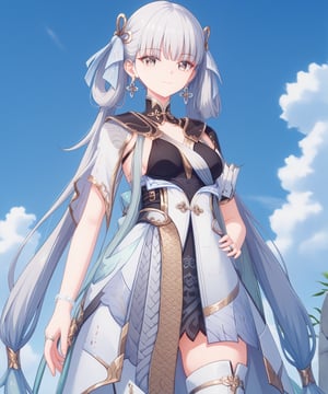 ((score_9)), ((score_8)) smile, looking at viewer,  jinshiponyv5, 1girl, long hair, earrings, closed mouth, grey eyes, medium breasts, blunt bangs, dress, ribbon, hair ribbon, mole under eye, very long hair, short sleeves, bracelet, ring, collarbone,  white thighhighs, thigh boots, cowboy shot, ,((jinshiponyv5:1.3))