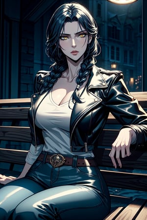  woman is very tall, dark blue hair,  messy wavy single braid, yellow eyes, and pale white skin. She is wearing a leather jacket, blue jeans, and has wide hips and gorgeous, thick thighs.
She is sit in a bench, She is eating a sandwich, her mounth is full of food. she si having a good time
The scene takes place in a Courthouse, crowded atmosphere.
Insane Details, Intricate Face Detail, Intricate Hand Details, Cinematic Shot and Lighting, Realistic and Vibrant Colors, Masterpiece, Ultra Detailed, Taken with DSLR camera, Realistic Photography, Depth of Field, Incredibly Realistic Environment and Scene, Master Composition and Cinematography, castlevania style,castlevania style