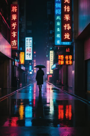 A nighttime street scene with a person standing alone in the middle of an empty road. The street is wet from rain, reflecting the colorful neon signs and lights from the surrounding buildings. The scene is dark with a moody, cinematic atmosphere, showcasing various signs in both English and Chinese characters. The person in the center is illuminated by a spotlight, emphasizing their solitary presence.
The overall setting is reminiscent of an urban area with a mix of traditional and modern elements.