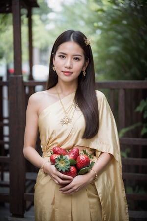 A young girl stands gracefully in a traditional Thai outfit, holding a basket filled with ripe strawberries. Her delicate fingers gently cradle the fruit, showcasing its vibrant red hue against the intricate patterns of her attire. With a serene expression, she gazes at the strawberries, radiating a sense of appreciation for their natural beauty and sweetness. In this moment, she embodies the elegance and charm of Thai culture, while also cherishing the simple joys found in nature's bounty.

, (((helios 44-2 58mm f2))),nature background, sharp focus, diffused lighting