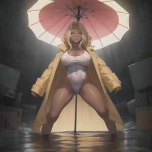 masterpiece, detailed, beautiful, 1girl, mature female, milf, dark skin, dark-skinned female, blonde hair, gold eyes, yellow rain coat, rain, umbrella