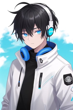 boy with black hair, blue eyes. White jacket, wears headphones.