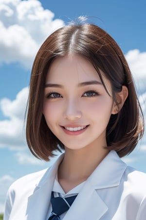 (1girl:1.2), (big smile), beautiful face, Amazing face and eyes, delicate, (Best Quality:1.4), (Ultra-detailed), (extremely detailed beautiful face), cute smile, brown eyes, (highly detailed Beautiful face), (summer high school uniform:1.2), (extremely detailed CG unified 8k wallpaper), Highly detailed, High-definition raw color photos, Professional Photography, Realistic portrait, Extremely high resolution, smiling, summer bikini,   (Clouds all over the sky, cloudy sky, lots of clouds:1.5), (cloudy day:1.5), bust_shot