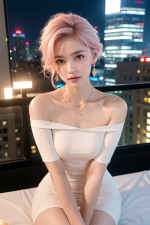 masterpiece, high quality realistic, aesthetic photo, pore and detailed, intricate detailed, graceful and beautiful textures, RAW photo, 16K, (warm tone, (bokeh:1.2), cinematic lighting, head lighting, beautiful face, expressionless, light pink hair,  very short boyish hair style . She is a model, wearing a white tight-fitting bodycon dress, off-shoulder , thin necklace, long earrings, sitting on a roof of a tall building.  velvet birthday cake on the table, candles, midnight

