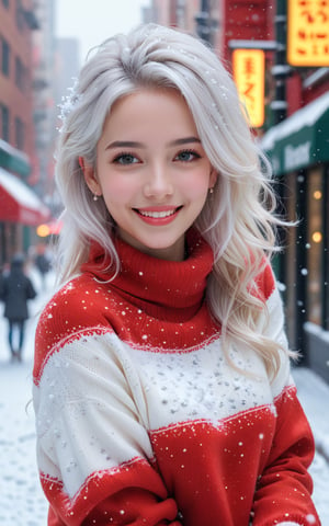 Realistic, face portrait,(masterpiece, best quality), (intricate details), unity 8k wallpaper, ultra detailed, pretty woman, white hair, shy smile, looking at camera, posing, (pastel colors:1.3),  RED sweater , beautiful and aesthetic, 1girl, detailed, solo, NEW YORK STREET, falling_snow