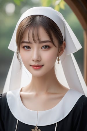 8K,8K, Ultra-high resolution, highest quality, masterpiece, Surreal, photograph, girl1, (18-year-old:1.3), smiling sweetly and brightly  at camera,
(full body shot:1.4), 
she is a nun with bald head in China, wearing nun gown, 
Cute girl, Cute face, Beautiful eyes in every detail, Detailed, one girl, (a beauty girl, delicate girl:1.3),  very fine grain definition, (Symmetrical eyes:1.3), Small breasts, Brown eyes, Parted bangs, light brown Hair, silky long wavy hair ,  hair tied up,  (Eyes and facial details:1.0),  (masterpiece, highest quality, Super detailed, Detailed face, 8k)、beauty, Long neck、(((Ideal body proportions))),A cup small breasts :2、Perfect Anatomy、Vivid details、detailed, Light and shadow,Strong light,Fashion magazine cover, (Thin lips:1.2),