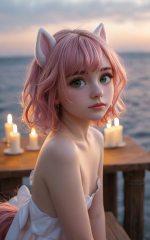 2_girls, 20 years old,pretty girl,blushing,shy,embarrassed,solo, light pink  hair,long messy  hair, pony_tail,dark green eyes,cute mouth slightly open, looking to the right, fixing her hair, wearing strapless cloth, sitting beside a pier  , eating velvet cake , midnight , candles, blurred and soft back light , upper body BREAK , BREAK score_9,score_8_up,score_7_up,masterpiece,high-definition,4k 8k,DSLR,analog film,subsurface scattering,incredibly detailed face and eyes,skin details,dramatic lighting,evenly lit, (amateur, Reddit, real life photo, raw,g0thicPXL