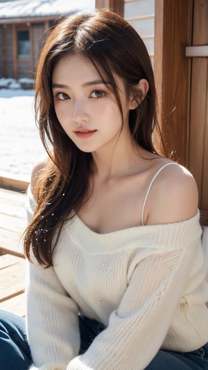 one pretty girl age 18, upper body, bright big brown eyes, silky shiny brown hair, glossy lips, sunshine on hair, smiling sweetly and brightly at viewer,  white shoulder off sweater, yamasaki_anzu, solo, supermodel,  sitting outside a wooden house, snowing, snow flakes on hair, soft lighting, light bulbs