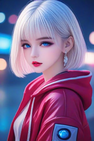 (masterpiece, best quality:1.3), FuturEvoLabAnime, 1girl, solo, looking at viewer, long hair, bangs, blue eyes,white hair, jewelry, jacket, upper body, earrings, outdoors, parted lips, hood, blurry, red jacket, looking to the side, hoodie, night, depth of field, blurry background, bob cut, hood down, neon lights, 