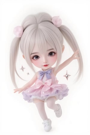 hd,8k,1girl, cute bjd girl, chibi character, chibi. White background. dynamic pose (jumping), she wears a fancy sporting uniform (shirt, shorts, sneakers), open mouth, long  hair, ponytail hairstyle. little body, full body character. masterpiece. she is happy, cool,smiling. Himecut hairstyle, masterpiece, stars on the sides. loooking at viewer. Blush, tender smile.shiny pantyhose,dance,