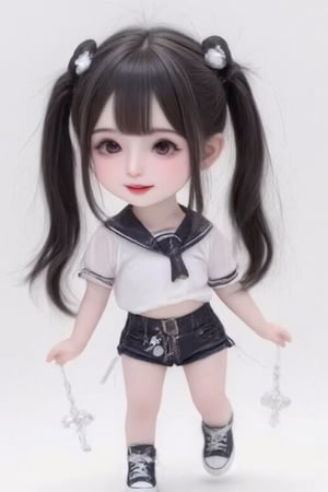 hd,8k,1girl, cute bjd girl, chibi character, chibi. White background. dynamic pose (jumping), she wears a fancy sporting uniform (shirt, shorts, sneakers), open mouth, long black hair, ponytail hairstyle. little body, full body character. masterpiece. she is happy, smiling. Himecut hairstyle, masterpiece, stars on the sides. loooking at viewer. Blush, tender smile.shiny pantyhose,