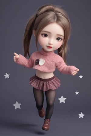 hd,8k,1girl, cute bjd girl, chibi character, chibi. cute background. dynamic pose (jumping), she wears a fancy sporting uniform (shirt, miniskirt, Cute leather shoes), open mouth, long  hair, ponytail hairstyle. little body, full body character. masterpiece. she is happy, cool,smiling. Himecut hairstyle, masterpiece, stars on the sides. loooking at viewer. Blush, tender smile.shiny pantyhose,dance,