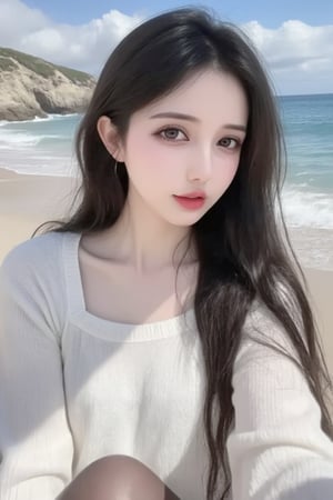 This is a high-resolution, casual half body portrait photo. The subject of the photo is a young woman wearing a white sweater. She has black hair hanging over her shoulders. drop hand, sunlight as if enjoying the sea view. The background shows the beach and the ocean, with waves crashing against  the beach.wear shiny pantyhose,