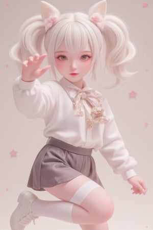 hd,8k,1girl, cute bjd girl, chibi character, chibi. cute background. dynamic pose (jumping), she wears a fancy sporting uniform (shirt, miniskirt, Cute leather shoes), open mouth, long  hair, ponytail hairstyle. little body, full body character. masterpiece. she is happy, cool,smiling. Himecut hairstyle, masterpiece, stars on the sides. loooking at viewer. Blush, tender smile.shiny pantyhose,dance,