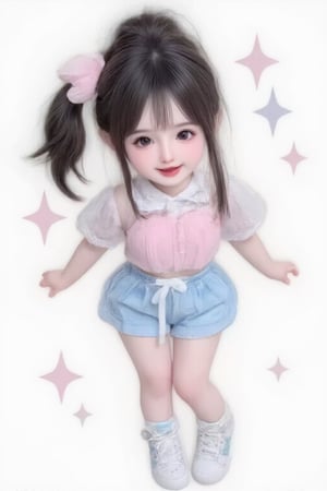 hd,8k,1girl, cute girl, chibi character, chibi. White background. dynamic pose (jumping), she wears a fancy sporting uniform (shirt, shorts, sneakers), open mouth, long black hair, ponytail hairstyle. little body, full body character. masterpiece. she is happy, smiling. Himecut hairstyle, masterpiece, stars on the sides. loooking at viewer. Blush, tender smile.