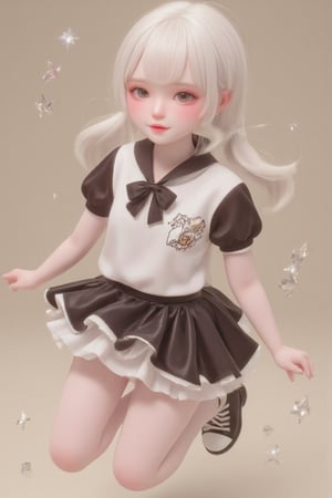 hd,8k,1girl, cute bjd girl, chibi character, chibi. cute background. dynamic pose (jumping), she wears a fancy sporting uniform (shirt, miniskirt, Cute leather shoes), open mouth, long  hair, ponytail hairstyle. little body, full body character. masterpiece. she is happy, cool,smiling. Himecut hairstyle, masterpiece, stars on the sides. loooking at viewer. Blush, tender smile.shiny pantyhose,dance,