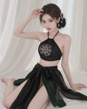 a girl in a black dress sitting on a bed, with a white cloth in the background. She is wearing a belly dance costume, with intricate details and a graceful pose. Her hair is pulled back in a bun and she has a serene expression on her face.bust shot,