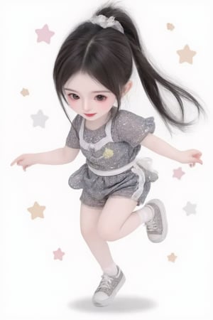 hd,8k,1girl, cute bjd girl, chibi character, chibi. White background. dynamic pose (jumping), she wears a fancy sporting uniform (shirt, shorts, sneakers), open mouth, long black hair, ponytail hairstyle. little body, full body character. masterpiece. she is happy, smiling. Himecut hairstyle, masterpiece, stars on the sides. loooking at viewer. Blush, tender smile.dance,A retro cinematic experience,disco,shiny pantyhose,