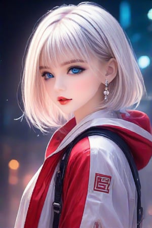 (masterpiece, best quality:1.3), FuturEvoLabAnime, 1girl, solo, looking at viewer, long hair, bangs, blue eyes,white hair, jewelry, jacket, upper body, earrings, outdoors, parted lips, hood, blurry, red jacket, looking to the side,jk, night, depth of field, blurry background, bob cut, hood down, neon lights, 