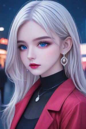 (masterpiece, best quality:1.3), FuturEvoLabAnime, 1girl, solo, looking at viewer, long hair, bangs, blue eyes,white hair, jewelry, jacket, upper body, earrings, outdoors, parted lips, hood, blurry, red jacket, looking to the side,jk, night, depth of field, blurry background, bob cut, hood down, neon lights, 