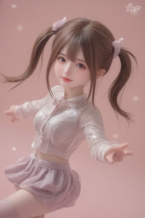 hd,8k,1girl, cute bjd girl, chibi character, chibi. cute background. dynamic pose (jumping), she wears a fancy sporting uniform (shirt, miniskirt, Cute leather shoes), open mouth, long  hair, ponytail hairstyle. little body, full body character. masterpiece. she is happy, cool,smiling. Himecut hairstyle, masterpiece, stars on the sides. loooking at viewer. Blush, tender smile.shiny pantyhose,dance,