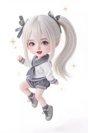 hd,8k,1girl, cute bjd girl, chibi character, chibi. White background. dynamic pose (jumping), she wears a fancy sporting uniform (shirt, shorts, sneakers), open mouth, long  hair, ponytail hairstyle. little body, full body character. masterpiece. she is happy, cool,smiling. Himecut hairstyle, masterpiece, stars on the sides. loooking at viewer. Blush, tender smile.shiny pantyhose,dance,