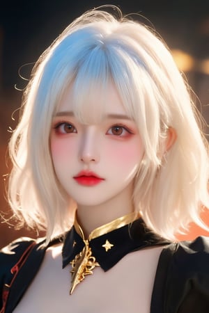 a sorceress, white hair,  gold and white brassiere , detailed face, vines, stars, ((surrealism)), (abstract), intricately detailed gothic art triadic colors, fantastical, splash screen, fantasy high magic concept art, 8k resolution, (gothic masterpiece), oil painting, heavy strokes, HW*,short hair bang,hair bangs are above the eyebrows,no bang,Narin,beautyniji,1girl,women,girl,realistic,Double eyelids,bow on her head, cute eye,cute lip