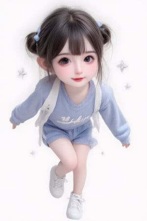 1girl, cute girl, chibi character, chibi. White background. dynamic pose (jumping), she wears a fancy sporting uniform (shirt, shorts, sneakers), open mouth, long black hair, ponytail hairstyle. little body, full body character. masterpiece. she is happy, smiling. Himecut hairstyle, masterpiece, stars on the sides. loooking at viewer. Blush, tender smile.