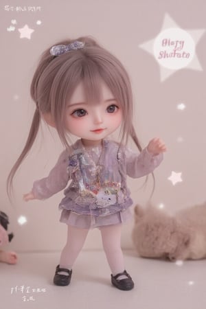 hd,8k,1girl, cute bjd girl, chibi character, chibi. cute background. dynamic pose (jumping), she wears a fancy sporting uniform (shirt, miniskirt, Cute leather shoes), open mouth, long  hair, ponytail hairstyle. little body, full body character. masterpiece. she is happy, cool,smiling. Himecut hairstyle, masterpiece, stars on the sides. loooking at viewer. Blush, tender smile.shiny pantyhose,dance,