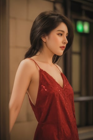 a woman stands in a red sleeveless dress adorned with shiny red sequins. She is facing the left side of the frame, her left arm is slightly bent at the elbow. Her dark hair is pulled back, cascading down her shoulders, framing her face. The backdrop is blurred, with a green light in the distance, adding a pop of color to the scene.HK film style,Wong Kar wai's film style,Vintage Hong Kong movie color scheme,