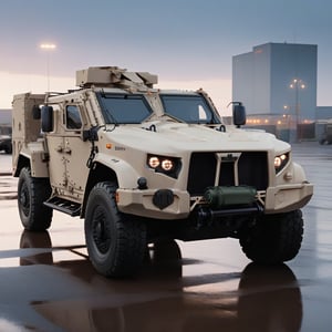 Abandoned city at dusk, cinematic lighting. An Oshkosh JLTV (Joint Light Tactical Vehicle), huge bonnet truck, high body, loaded with containers, six-tired transport vehicle, sharp focus, super detailed, high resolution. No humans.