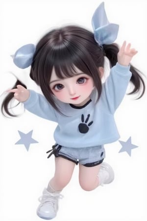 hd,8k,1girl, cute bjd girl, chibi character, chibi. White background. dynamic pose (jumping), she wears a fancy sporting uniform (shirt, shorts, sneakers), open mouth, long black hair, ponytail hairstyle. little body, full body character. masterpiece. she is happy, smiling. Himecut hairstyle, masterpiece, stars on the sides. loooking at viewer. Blush, tender smile.shiny pantyhose,