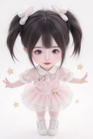 hd,8k,1girl, cute bjd girl, chibi character, chibi. White background. dynamic pose (jumping), she wears a fancy sporting uniform (shirt, shorts, sneakers), open mouth, long black hair, ponytail hairstyle. little body, full body character. masterpiece. she is happy, smiling. Himecut hairstyle, masterpiece, stars on the sides. loooking at viewer. Blush, tender smile.dance,A retro cinematic experience,disco,shiny pantyhose,