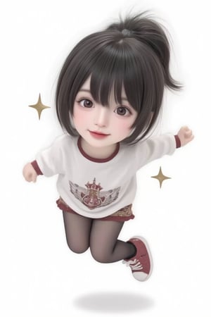 hd,8k,1girl, cute bjd girl, chibi character, chibi. White background. dynamic pose (jumping), she wears a fancy sporting uniform (shirt, shorts, sneakers), open mouth, long black hair, ponytail hairstyle. little body, full body character. masterpiece. she is happy, smiling. Himecut hairstyle, masterpiece, stars on the sides. loooking at viewer. Blush, tender smile.shiny pantyhose,dance,