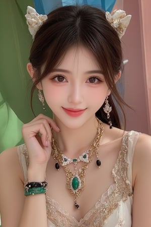 Pingping_hubggirl, 
Portrait of a 21-year-old hubggirl, solo and direct at the viewer with a warm smile. She wears an ensemble of luxurious gold-trim jewelry, including long earrings and a bow hair ornament. A stunning Agate necklace and Emerald bracelet adorn her neck and wrist, respectively, while Diamonds and Onyx add subtle sparkle. Her eyes are framed by Wangyushan's signature bow. Set against a backdrop of vibrant colors, the scene is bathed in bright natural light, showcasing every detail with high contrast HDR photography.