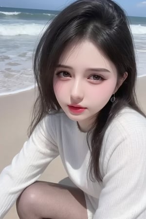 This is a high-resolution, casual half body portrait photo. The subject of the photo is a young woman wearing a white sweater. She has black hair hanging over her shoulders. drop hand, sunlight as if enjoying the sea view. The background shows the beach and the ocean, with waves crashing against  the beach.wear shiny pantyhose,