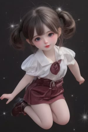 hd,8k,1girl, cute bjd girl, chibi character, chibi. cute background. dynamic pose (jumping), she wears a fancy sporting uniform (shirt, miniskirt, Cute leather shoes), open mouth, long  hair, ponytail hairstyle. little body, full body character. masterpiece. she is happy, cool,smiling. Himecut hairstyle, masterpiece, stars on the sides. loooking at viewer. Blush, tender smile.shiny pantyhose,dance,