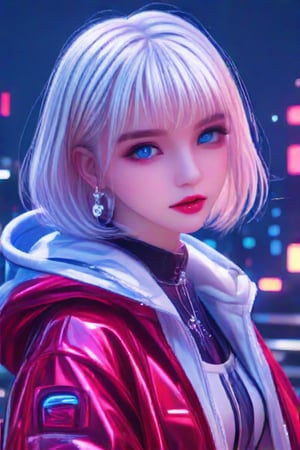 (masterpiece, best quality:1.3), FuturEvoLabAnime, 1girl, solo, looking at viewer, long hair, bangs, blue eyes,white hair, jewelry, jacket, upper body, earrings, outdoors, parted lips, hood, blurry, red jacket, looking to the side,jk, night, depth of field, blurry background, bob cut, hood down, neon lights, 