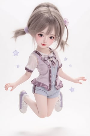 hd,8k,1girl, cute bjd girl, chibi character, chibi. White background. dynamic pose (jumping), she wears a fancy sporting uniform (shirt, shorts, sneakers), open mouth, long  hair, ponytail hairstyle. little body, full body character. masterpiece. she is happy, cool,smiling. Himecut hairstyle, masterpiece, stars on the sides. loooking at viewer. Blush, tender smile.shiny pantyhose,dance,