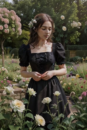 beautiful black bodice, flowers in a beautiful garden, light brown background.

professional photo, soft light, washed photo.
